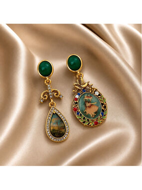 Antique Museum Earrings VTG Bird Ballerina Theater Gold Painting Flower Teardrop